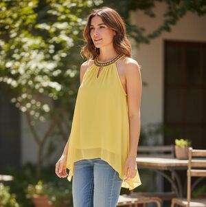 By & By Yellow Embellished Halter Top Size S Beaded Neckline Chiffon NWT